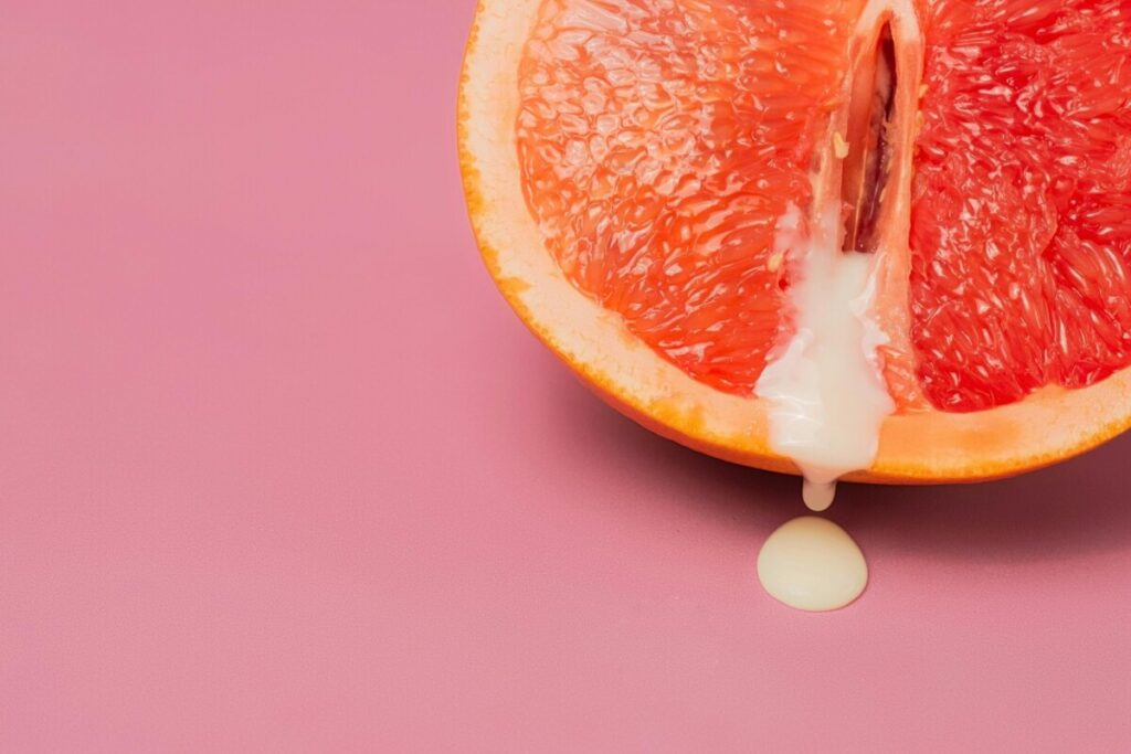 반으로 잘린 자몽에서 애액처럼 보이는 크림이 떨어짐