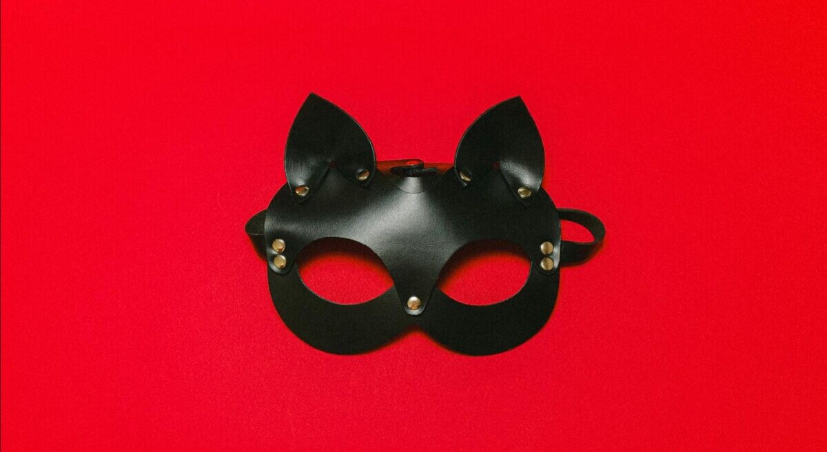 빨간 배경의 고양이 가죽 가면 — BDSM의 역할놀이와 취향 존중을 나타내는 아이템 이미지