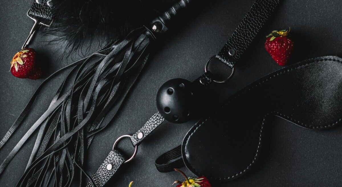 검은색 채찍·재갈·안대가 정돈된 형태로 배치된 BDSM 소품 이미지 — 취향 존중의 도구적 다양성 표현
