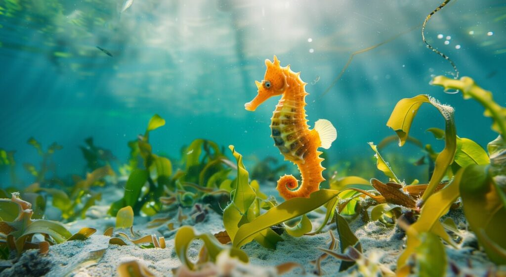 바닷속 수풀 사이를 헤엄치는 오렌지색 해마. 성관계가 뇌의 기억력을 담당하는 '해마' 영역에 미치는 긍정적 영향을 상징함.