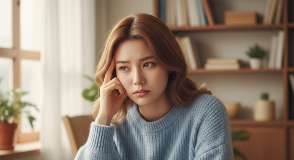 책상 앞에 앉아 손을 머리에 대고 고민에 빠진 여성. 기억력 감퇴에 대한 고민과 성관계를 통한 개선 가능성을 시사함.