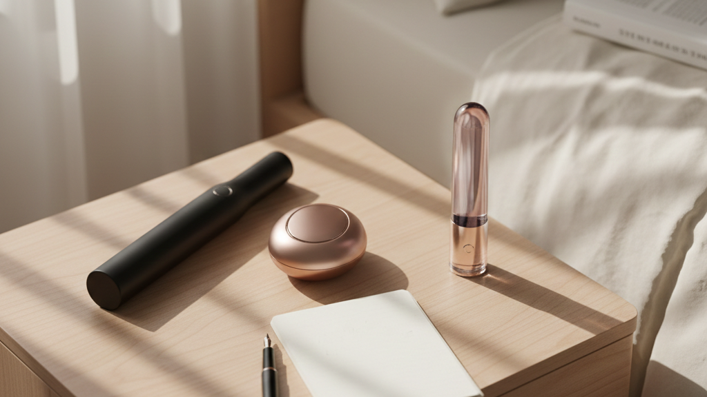 화장품과 함께 미니 테이블 위에 자연스럽게 놓인 여성 자위 기구.