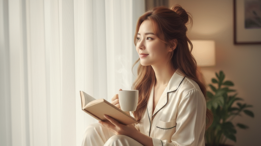 여성 자위를 통해 얻은 성적 자유와 당당함을 표현하는 밝은 표정의 여성.