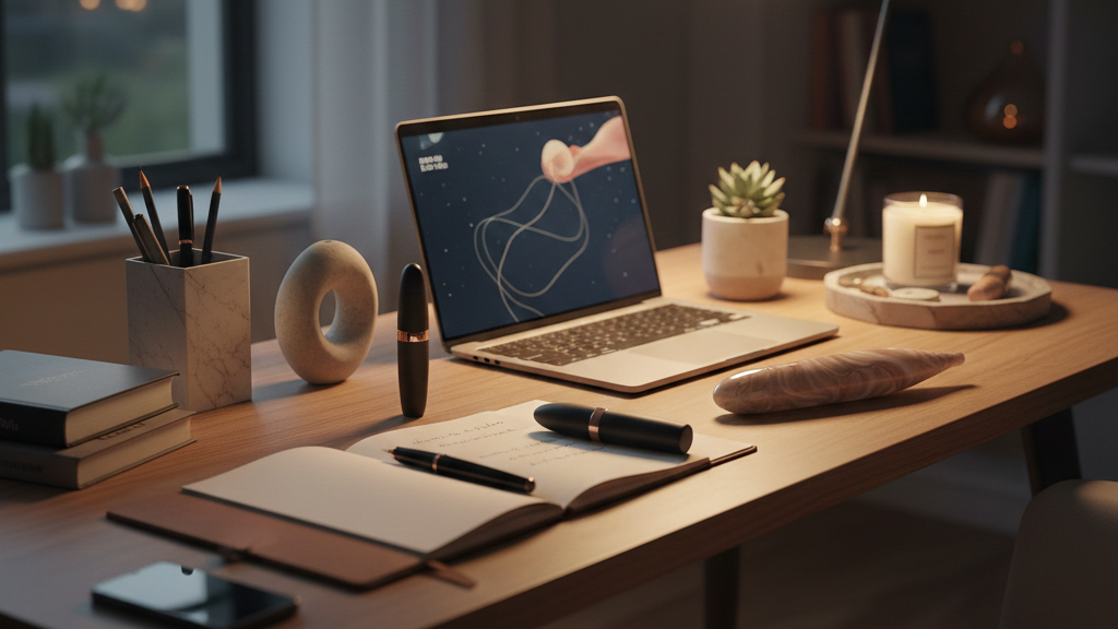 화장품과 함께 미니 테이블 위에 자연스럽게 놓인 여성 성인 용품.