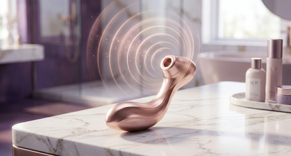 고급스러운 로즈골드 컬러의 흡입형 바이브레이터 주위로 공기 진압의 파동이 시각화되어 있는 모습.