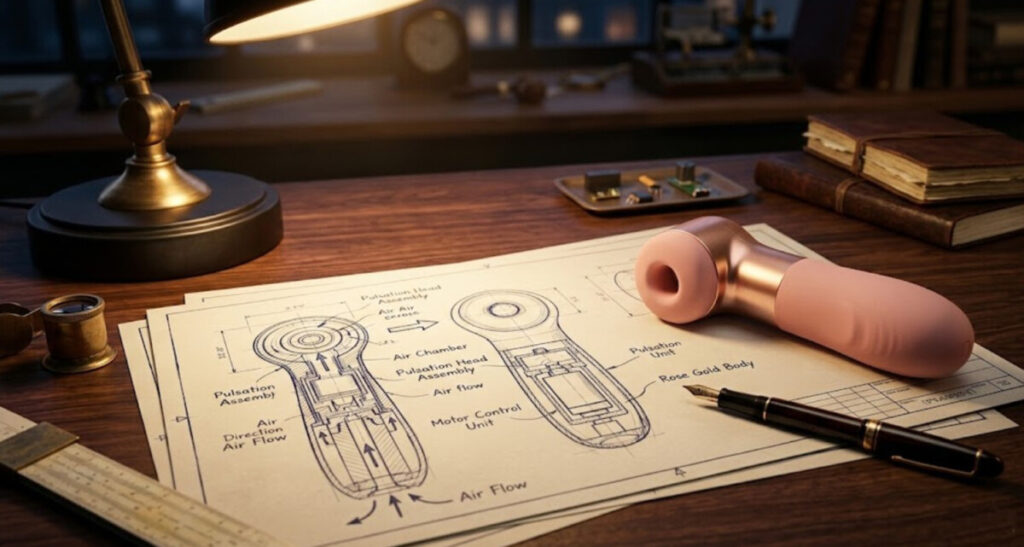 흡입형 바이브레이터의 내부 구조와 공기 흐름(Air Flow) 원리를 설명하는 빈티지한 설계 도면.