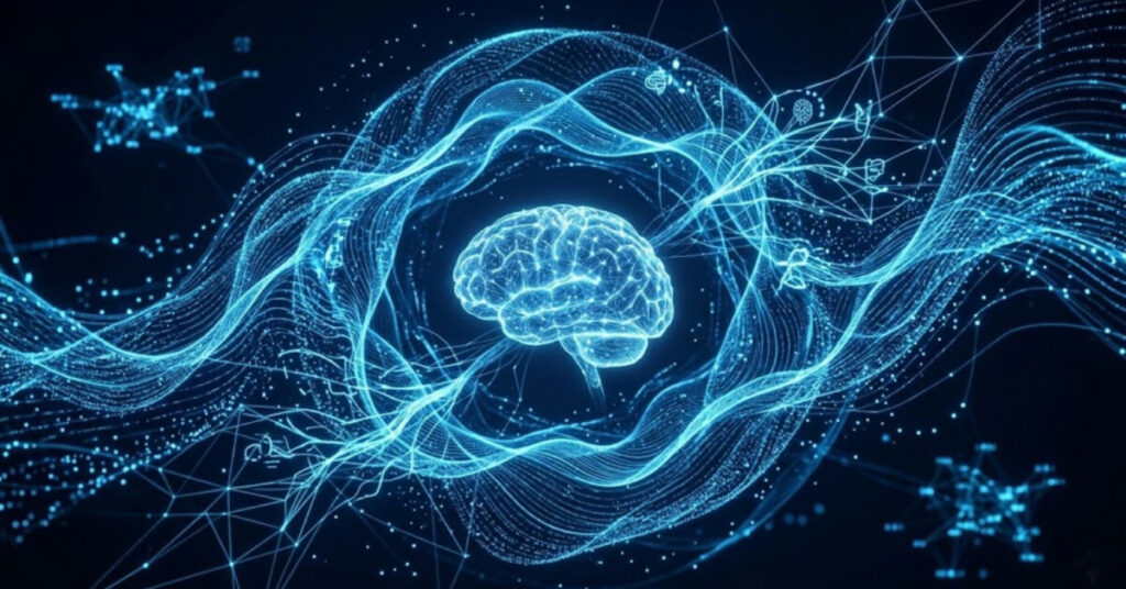 뇌와 신경망을 따라 푸른 빛의 에너지가 흐르는 그래픽으로 표현한 흡입형 바이브레이터의 자극 전달 과정.