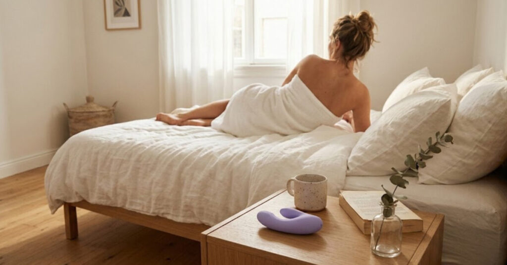 침대 옆 협탁 위에 놓인 연보라색 흡입형 바이브레이터와 여유로운 아침을 맞이하는 여성의 뒷모습.