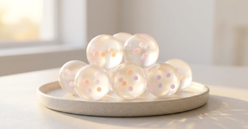 따뜻한 햇살 아래 투명한 유리 구슬 속에서 빛 입자들이 퍼져나가는 추상적인 사진. 관계의 만족도를 결정하는 성관계주기와 행복 호르몬의 분비 과정을 시각화했습니다.