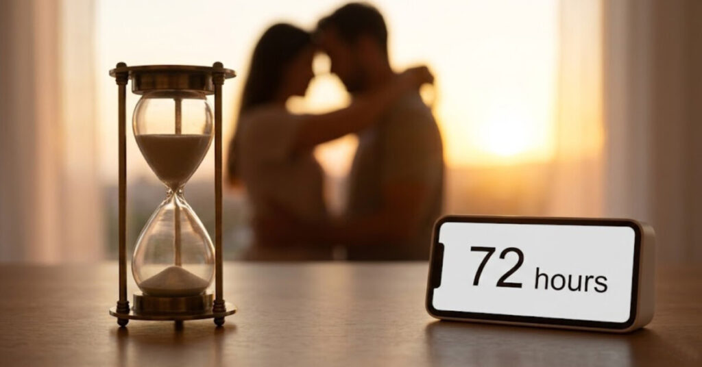 '72시간'이라고 쓰인 디지털시계와 클래식한 모래시계가 놓인 책상 뒤로, 새벽녘에 커플이 포옹하는 실루엣. 과학적으로 증명된 행복 호르몬의 유효 기간과 이상적인 성관계주기를 설명합니다.