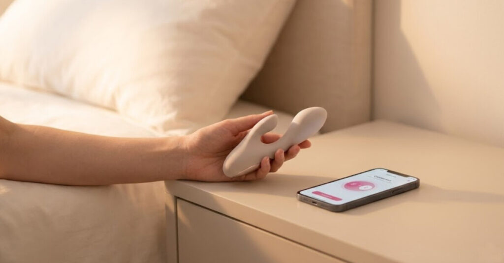 따뜻한 햇살 아래 침대 옆 협탁에 놓인 세련된 디자인의 용품과 파트너와 연결된 앱 화면을 보여주는 스마트폰. 현실적인 제약으로 파트너와 함께할 수 없을 때, 건강하게 성관계주기를 이어가는 스마트 솔루션을 제안합니다.