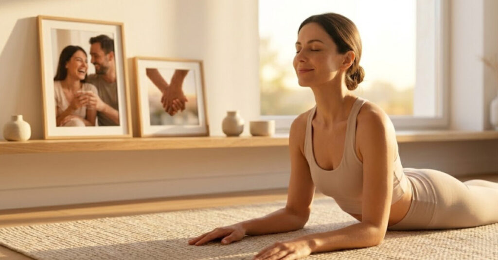 햇살이 비추는 거실에서 편안하게 명상하는 여성 뒤로, 파트너와 함께 활짝 웃고 있는 사진이 보입니다. 혼자일 때나 함께일 때나 성관계주기를 통해 스스로 행복을 관리하는 주체적인 삶의 모습을 보여줍니다.