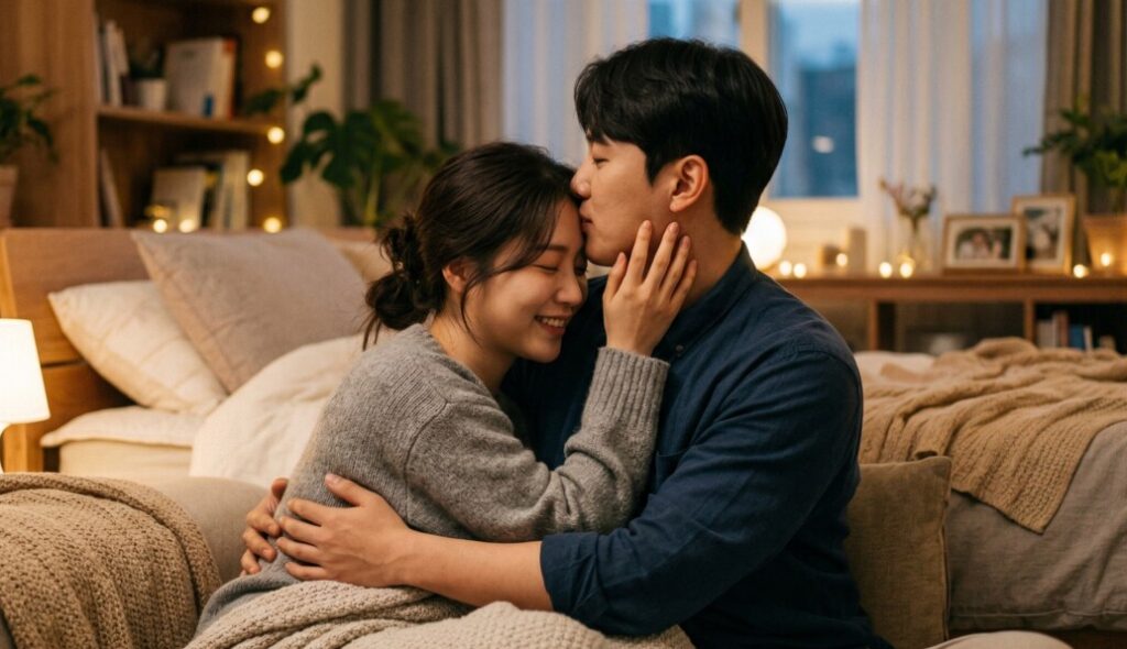 포근한 분위기의 침실에서 남자가 여자의 이마에 뽀뽀를 하며 애정 표현을 하고 있다. 두 사람의 깊은 유대감이 느껴지는 장면이다.